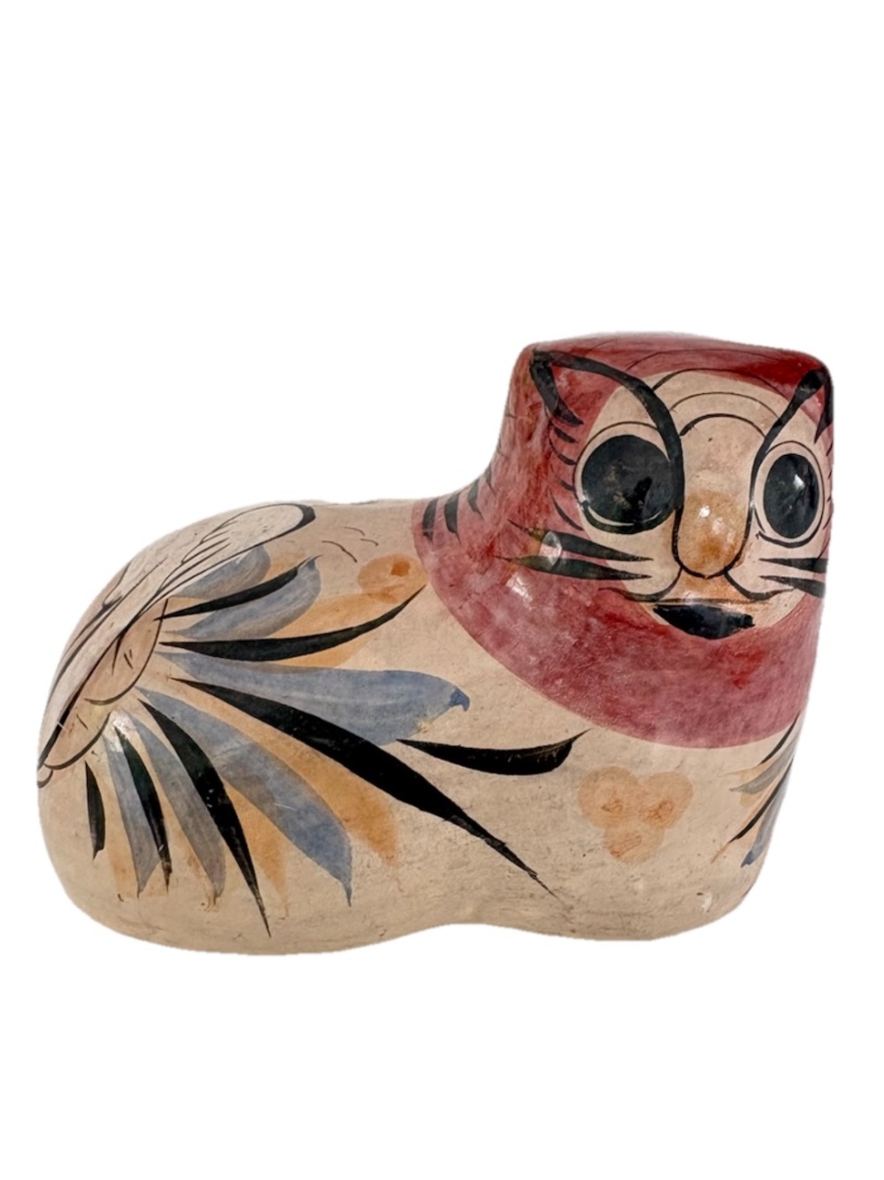 Handpainted Mexican Folk Art Cat Figurine in Red Black & Blue